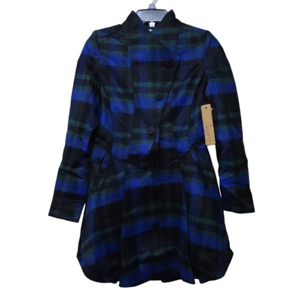 NWT Kersh Plaid Wool Blend Swing‎ Peacoat Blue Green Women's XS